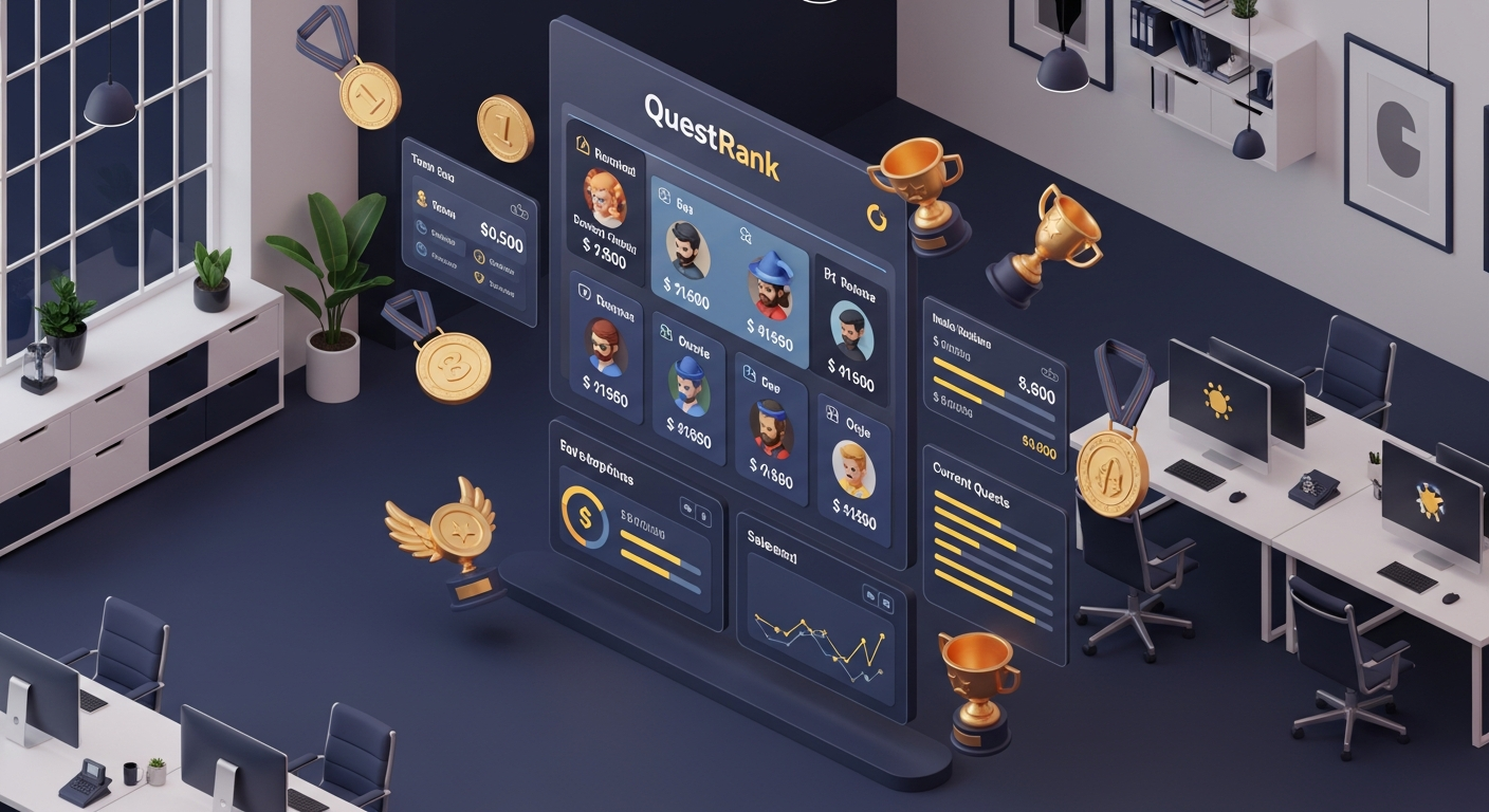 QuestRank dashboard with sales challenges and team leaderboard